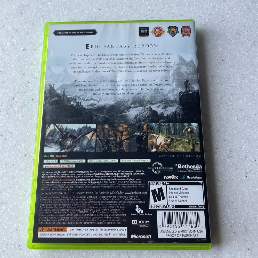 The Elder Scrolls V Skyrim Xbox 360 Game with Map and Manual Bethesda RPG